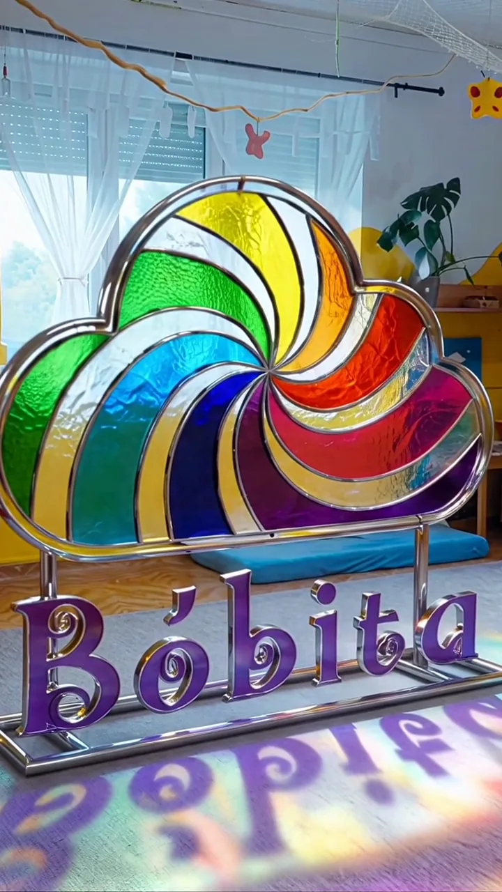 Színes üveg Bóbita-logó egy játszóház közepén